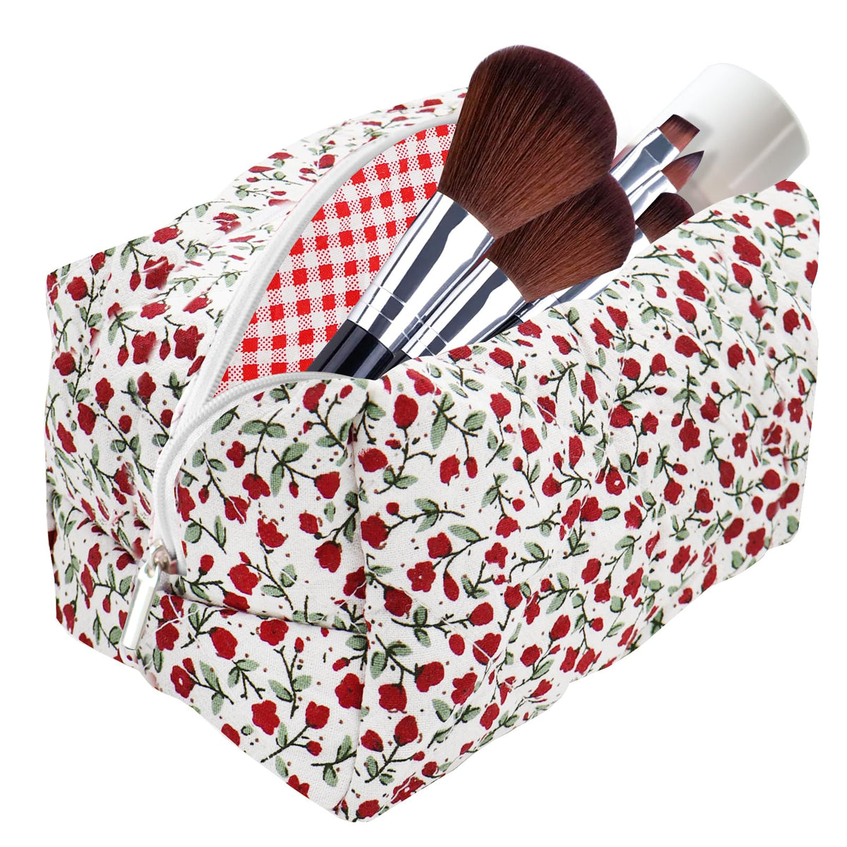 dark swan Cotton Quilted Makeup Bag Cute Pouch Toiletry Bag Cosmetic Bag Quilted Floral Organizer Bag Travel Coquette Aesthetic Portable Storage Zipper Purse for Women (Red flower)