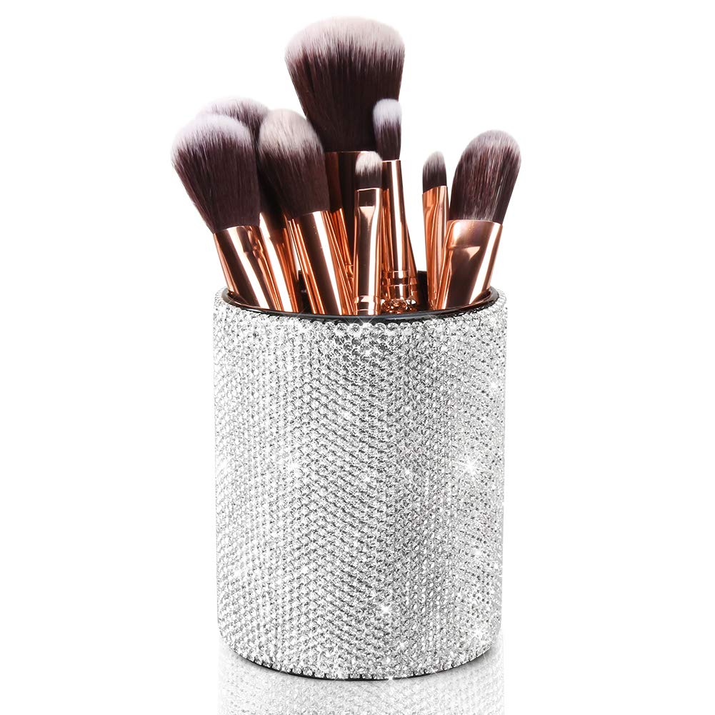 OTOSTAR Bling Crystal Makeup Brush Holder Organizer Storage Cosmetic Tools Eyebrow Pencil Eyeliners Multifunctional Handcrafted Rhinestones Pen Holder for Home Office (Silver)