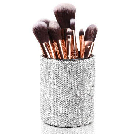 OTOSTAR Bling Crystal Makeup Brush Holder Organizer Storage Cosmetic Tools Eyebrow Pencil Eyeliners Multifunctional Handcrafted Rhinestones Pen Holder for Home Office (Silver)