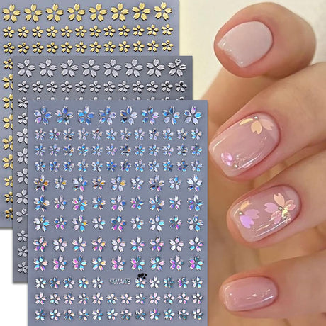 Flower Nail Art Stickers Decals 3D Self-Adhesive Laser Gold Sliver Cherry Bblossoms Flowers Nail Design Sticker Floral Spring Nail Art Supplies for Women and Girls Acrylic Nail Decoration 6 Sheets