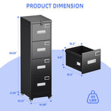 4 Drawer Vertical File Cabinet On Wheels, Lockable Office Files Storage Cabinet With Handle And Name Card,Mobile Storage Cabinet For Office And Home,Assembly Required,Black