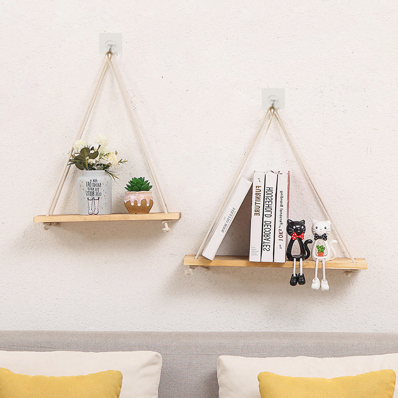 Wall-Mounted Wooden Shelf with Decorative Rope Planter