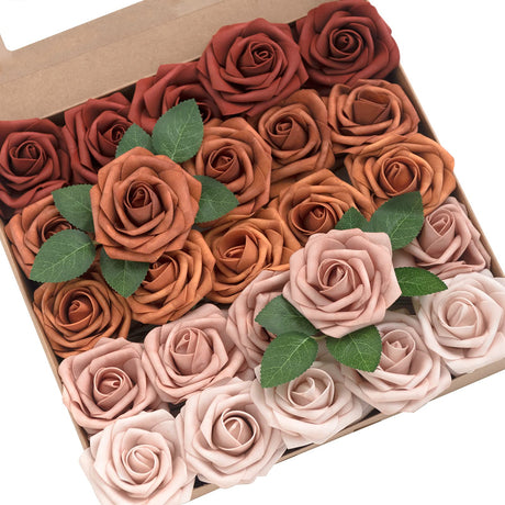 Lings Moment Artificial Flowers 25Pcs 3" Roses in Amber Shades Realistic DIY Foam Floral Decor for Wedding Bouquets/Centerpieces Outdoor Party Backdrops Room/Table and Garden/Pot Decorations