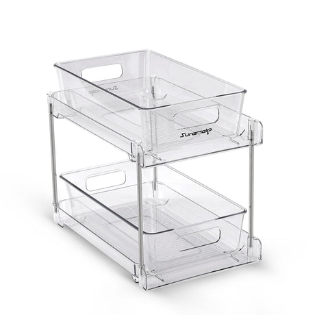 SureHelp™ 2 Tier Bathroom Storage Organizer | Multi- Purpose Pull-Out Organization with Track for Pantry Kitchen | Clear Under Sink Organizers and Storage for Medicine Cabinet Drawers Bins and Vanity