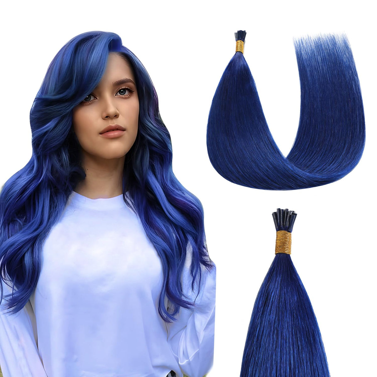 Sunya I Tip Hair Extensions Human Hair Blue 20 Inch I Tip Hair Extensions Real Human Hair Cold Fusion Pre Bonded Blue I Tip Hair Extensions 25g 25 Strands/Pack