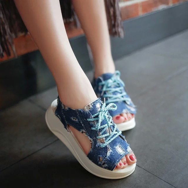 Breathable Women's Denim Mid-Heel Platform Sandals