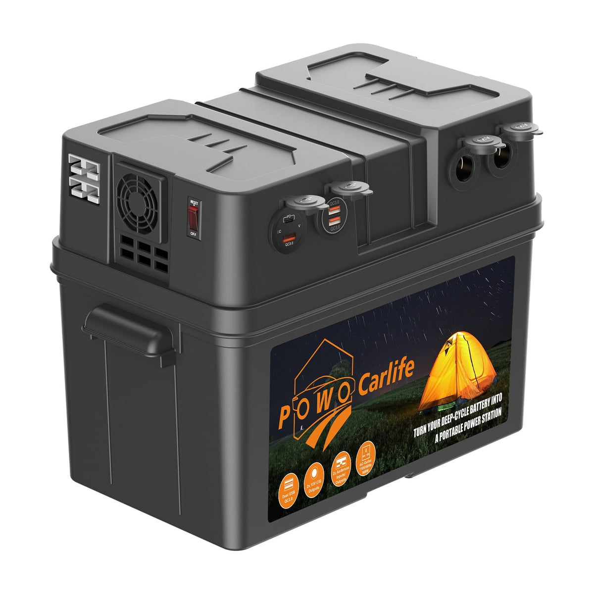 Battery Box for Group 24/27/31 Battery Build-in 110V Inverter AC Outlet 12V Battery Box for Marine Camping RV Trailer Boat