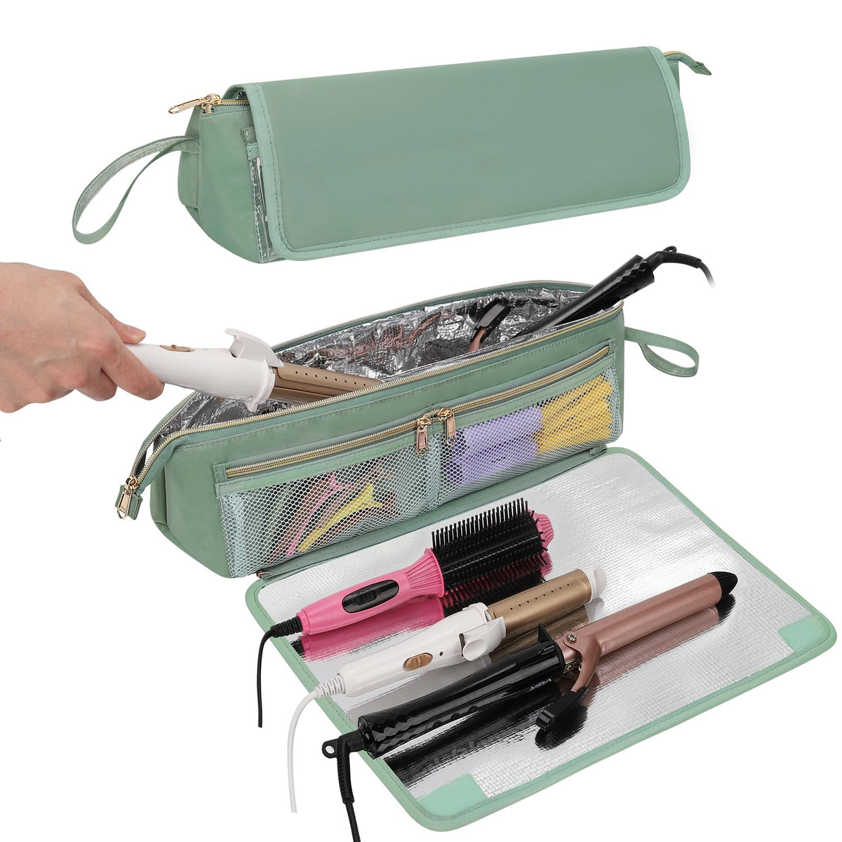 Ethereal 2-in-1 Hair Tools Travel Bag and Tinfoil Heat Resistant Mat for Flat Irons Straighteners Curling Iron and Haircare Accessories Hot Hair Styling Tool Organizer with Pockets Green