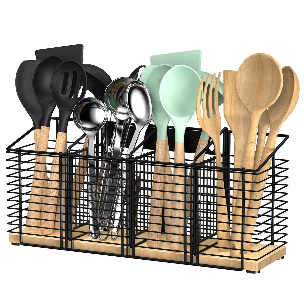 LOTEYIKE Large Kitchen Utensil Holder with 4 Compartments Black Metal Kitchen Cooking Utensil Organizer for Farmhouse Cooking Spatula Utensil Crock Caddy