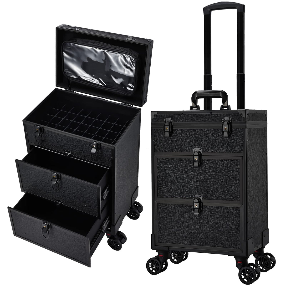 Professional 3 in 1 Rolling Makeup Case Cosmetology Case on Wheels 2 Large Drawer Nail Case Trolley Traveling Cosmetic Train Case with Makeup Pouch for Artists Nail Technician Salon Cart Trunk Black