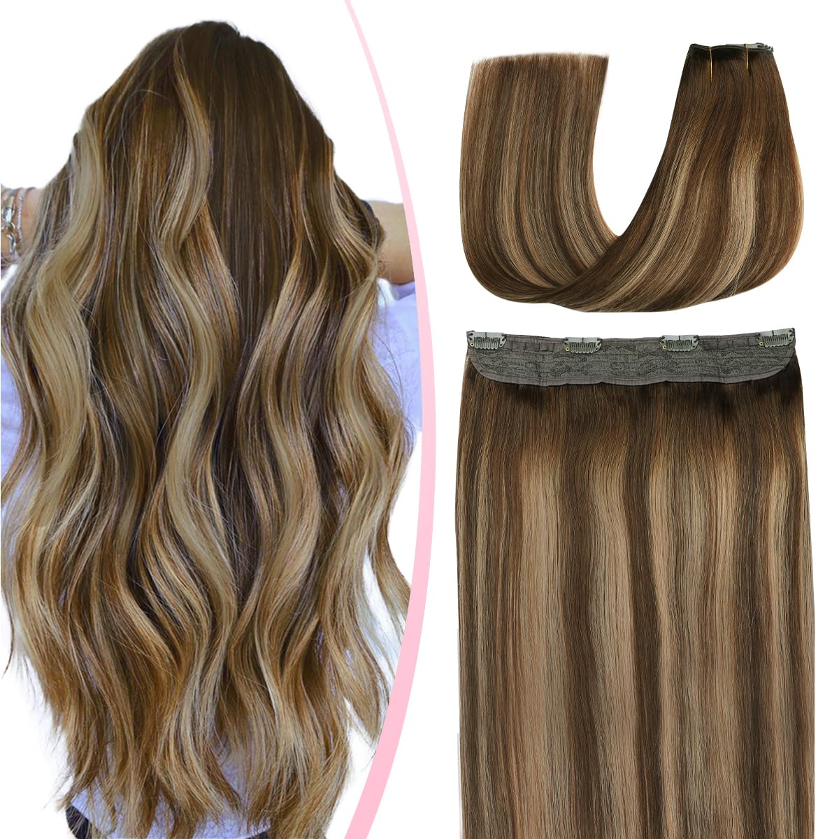 SURNEL Wire Hair Extensions Human Hair Balayage Ombre Color 4 Fading To 27 Blonde Highlighted 4 Medium Brown Wire Hair Extensions 65g 14 inch(#4/27/414inch)