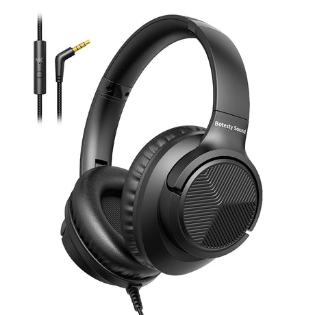 Botesty Sound Headphones Wired with Microphone Over Ear Foldable Headphones with 4.9ft Tangle-Free Nylon Cord 3.5mm Plug in Headphones for SmartphoneTabletComputerMP3/4 (Black)