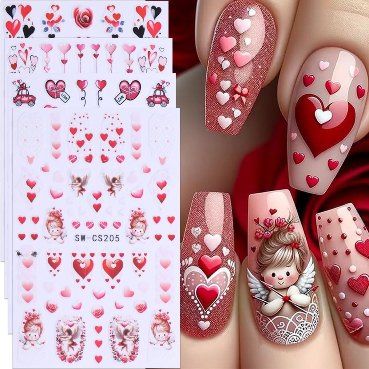 Heart Nail Stickers for Nail Art Valentines Cupid Rose Nail Decals 8PCS 3D Self-Adhesive Valentine Car Letter Love Heart Nail Art Design Supplies Red Heart Nail Stickers for Women Nail Art Decorations