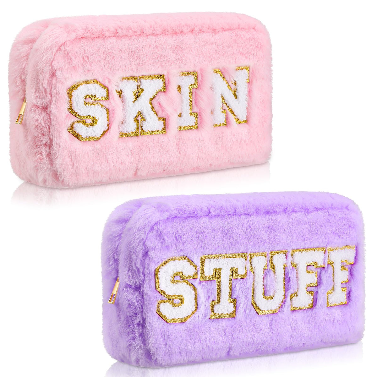 Chunful 2 Pcs Chenille Letter Preppy Makeup Bag Fuzzy Makeup Bag Cosmetic Bag Preppy Stuff Hair Skin Face Stuff Bag Pouch with Zipper for Women Travel Storage Organization(PinkCyan)