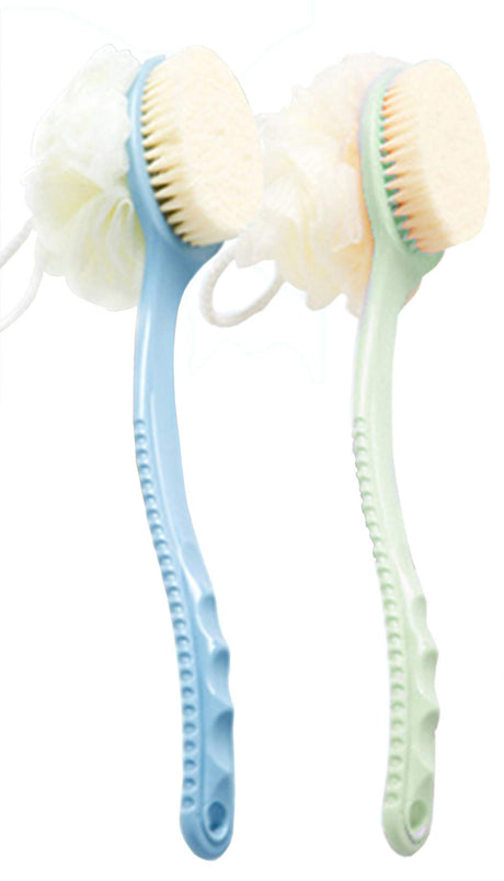 AARainbow 2 Packs Shower Body Brush with Bristles and Loofah Back Scrubber Mesh Sponge with Curved Long Handle for Skin Exfoliating Bath Massage Bristles Suitable for Men and Women (1 Blue+1 Green)