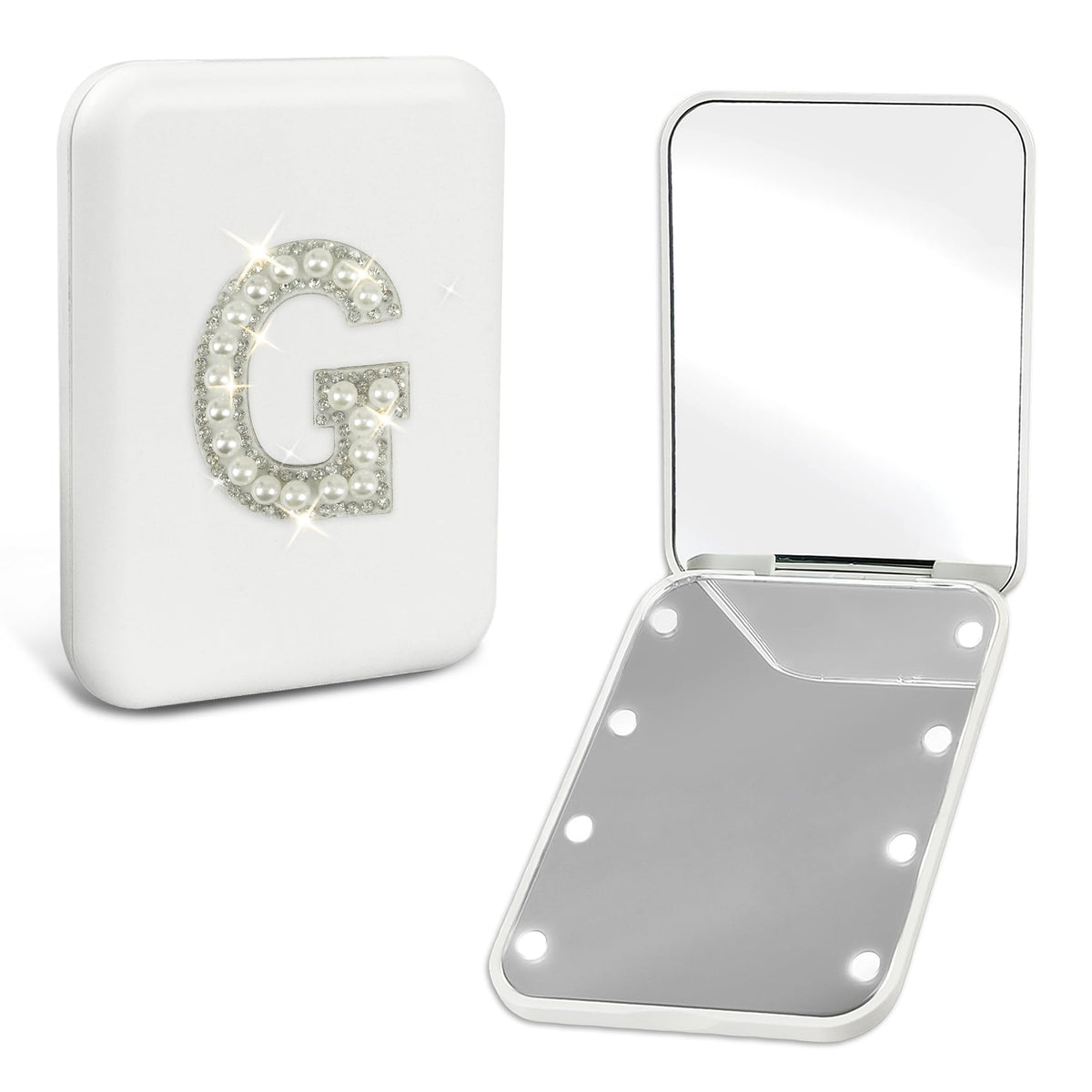 Aganmi Travel Mirror with Lights Initial 1X/2X Magnification LED Compact Mirror Portable Pocket Mirror Small Folding Handheld Makeup Mirror Mothers Day Birthday Gifts for Women Teen Girls White G