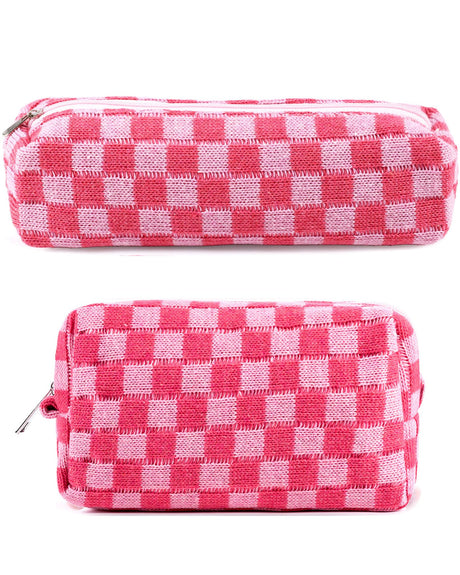 2Pcs Small Makeup Bag for Purse Checkered Cosmetic Bag Cute Makeup Pouch Pink Makeup Bag and Makeup Brushes Bag Y2K Aesthetic Accessories for Women Travel Storage Organizer Bag