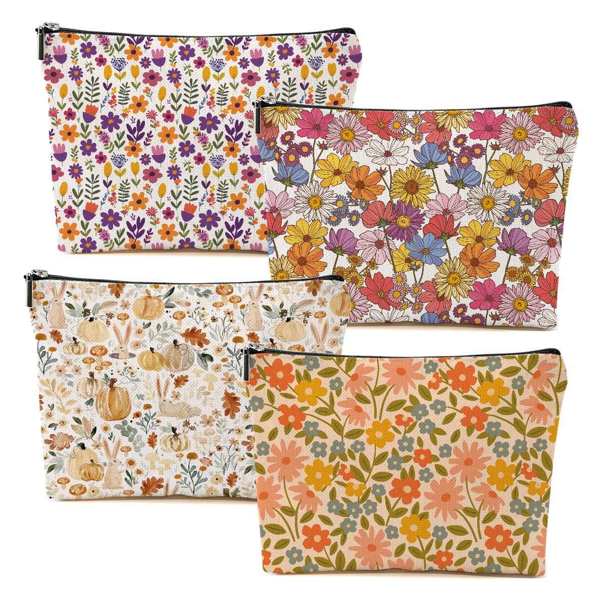 4 Packs Retro Flowers Makeup Bag Floral Pumpkin Rabbit Cosmetic Bag Friend Friendship Gifts for Women Girls Sister Mom Botanical Travel Organizer Zipper Pouch Christmas Thanksgiving Birthday Gifts