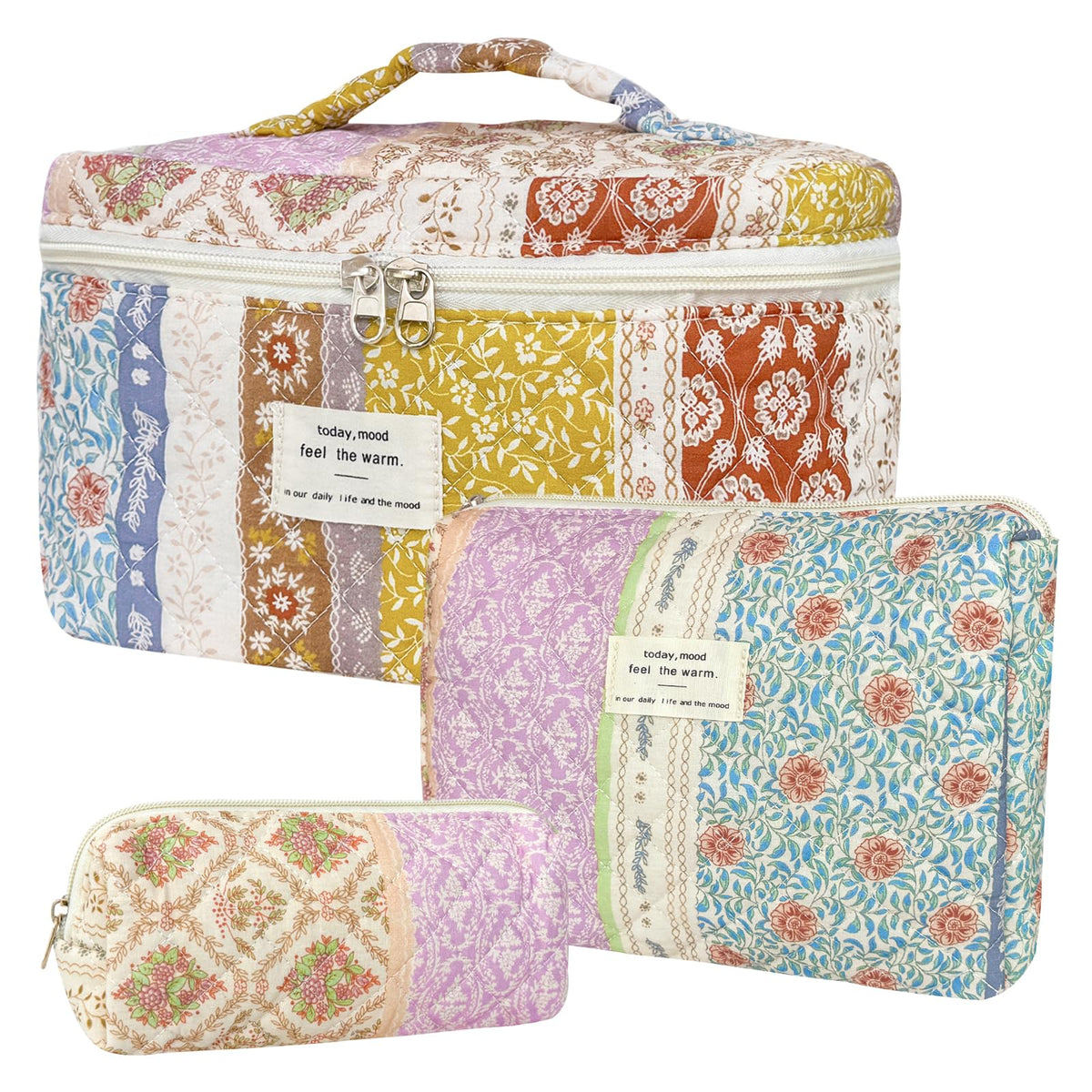 Givurao 3Pcs Cotton Quilted Makeup Bag for Women Girls Large Floral Cosmetic Bag Set Cute Makeup Brushes Aesthetic Accessories Storage Bag Travel Toiletry Bag Organizer for Women