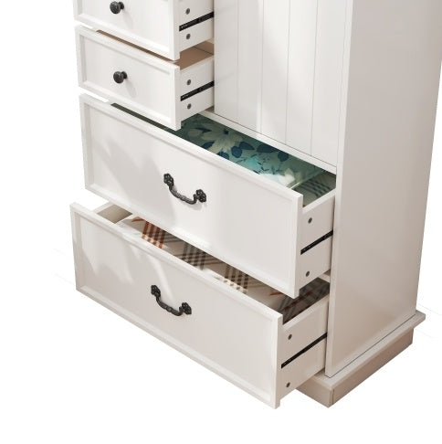 51'' Farmhouse Drawer Chest With Sliding Door, Multi-Storage Drawer Dresser With 5 Drawers And Storage Shelf, Tall Chest Of Drawers With Adjustable Shelves For Bedroom, Living Room