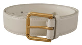 Dolce & Gabbana Chic White Leather Belt with Gold Engraved Buckle