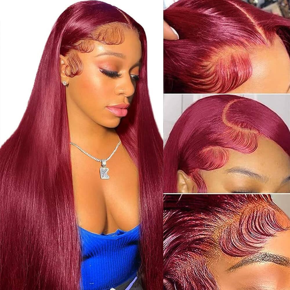 Lzlefho 28 Inch 99j Burgundy Lace Front Wigs Human Hair 250% Density Straight Burgundy Wig Human Hair 99j 13x6 HD Glueless Frontal Wigs for Women Pre Plucked with Baby Hair