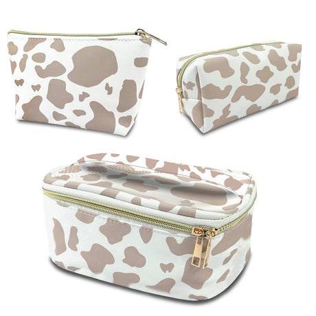 Deokke 3Pcs Makeup BagTravel Makeup BagMakeup Bags for WomenMakeup Brush BagLarge Capacity PU Cosmetic BagWaterproof and Durable-Brown Cow Pattern