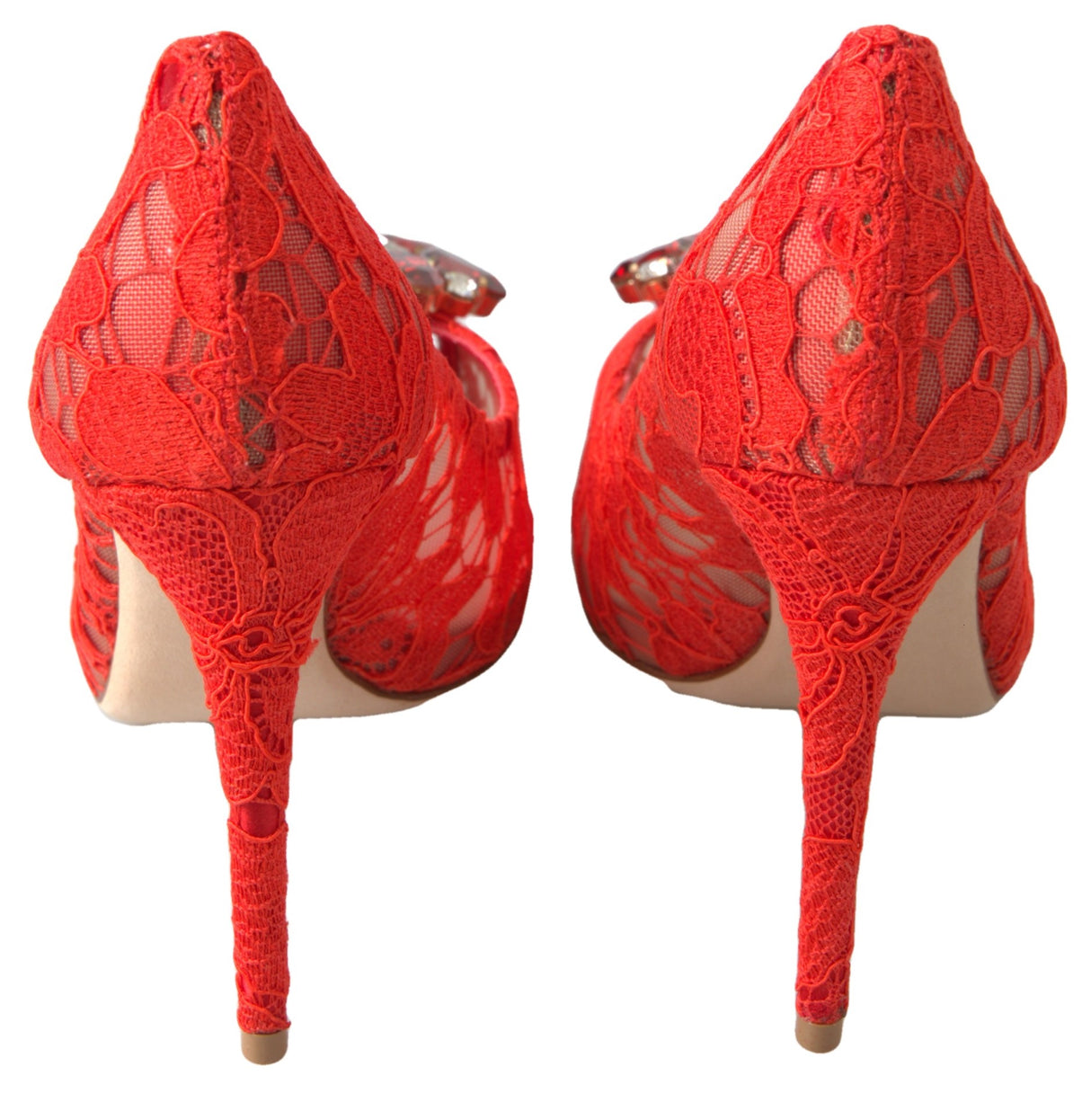 Dolce & Gabbana Chic Red Lace Heels with Crystal Embellishment