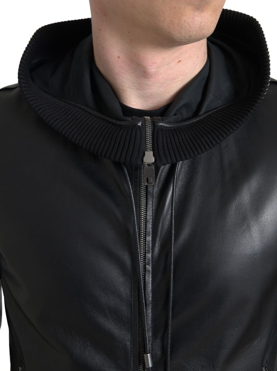 Dolce & Gabbana Elegant Black Leather Bomber Jacket