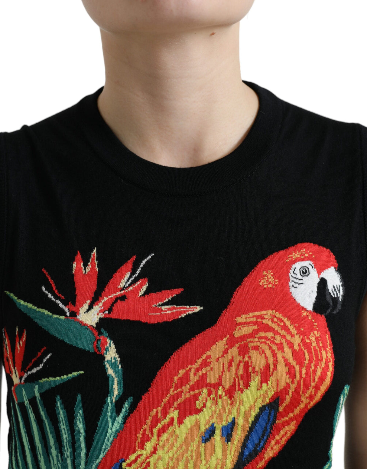 Dolce & Gabbana Elegant Crew Neck Wool Silk Tank with Bird Embroidery