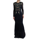 Dolce & Gabbana Blue Crystal Floral Lace Long Gown Dress