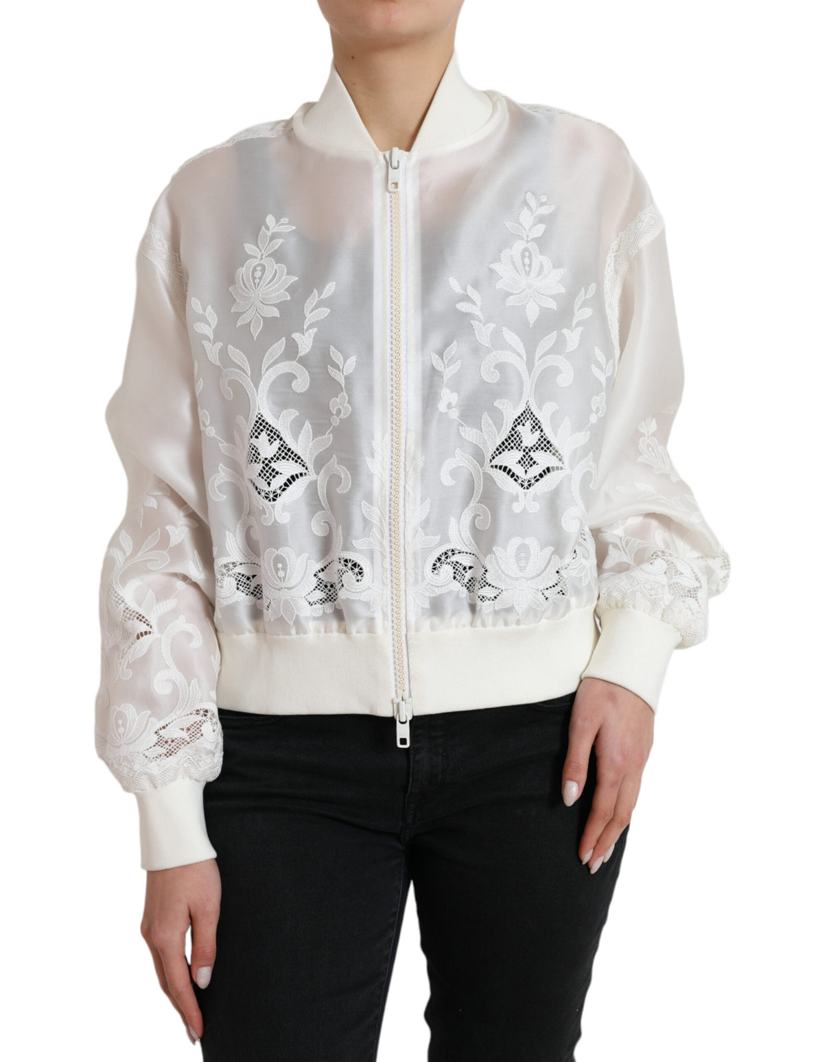 Dolce & Gabbana Elegant White Silk Bomber Jacket