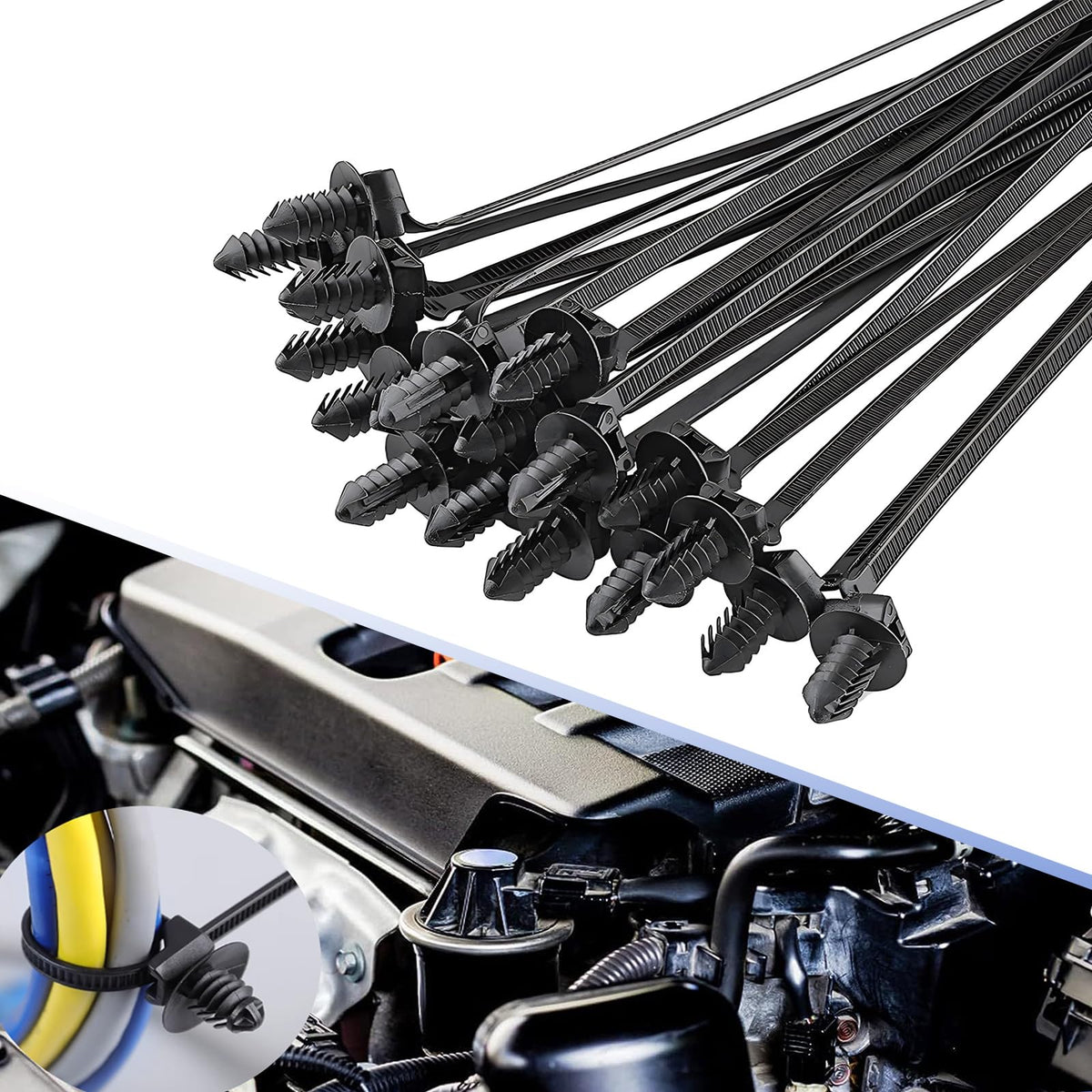 Fluher 160 PCS Car Push-mount Cable Tie Set 5 Sizes of Nylon Self-locking Body-fixing Wire Harness UV-resistant Bundling Wire Tie Classification Kit Universal Accessories for Most Cars (Black)