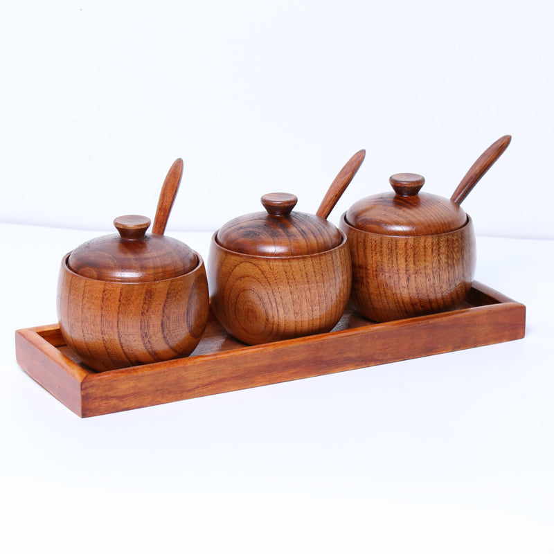 Vintage Wooden Spice Jar Set for Kitchen Storage