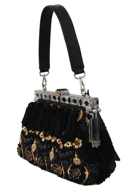 Dolce &amp; Gabbana VANDA Sac de soirée avec pompon en cristal noir et breloques dorées 