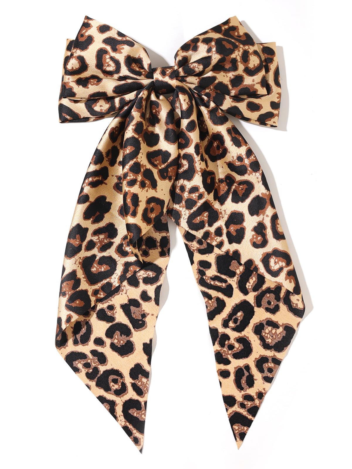 Hair Bows for Women Big Bow Hair Clips with Long Tail Hair Ribbon Satin Leopard Hair Bow Barrette for Women and Girls Ponytail Hair Accessories Pack of 1 (Camel)