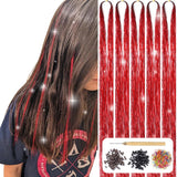 AIFIHIYI Hair Tinsel Kit with Tools Red Tinsel Hair Extensions 48 Inch 1200 Strands Fairy Hair Tinsel Heat Resistant Sparkling Glitter Hair Extensions Tinsel Hair Accessories for Girls Women (Red)