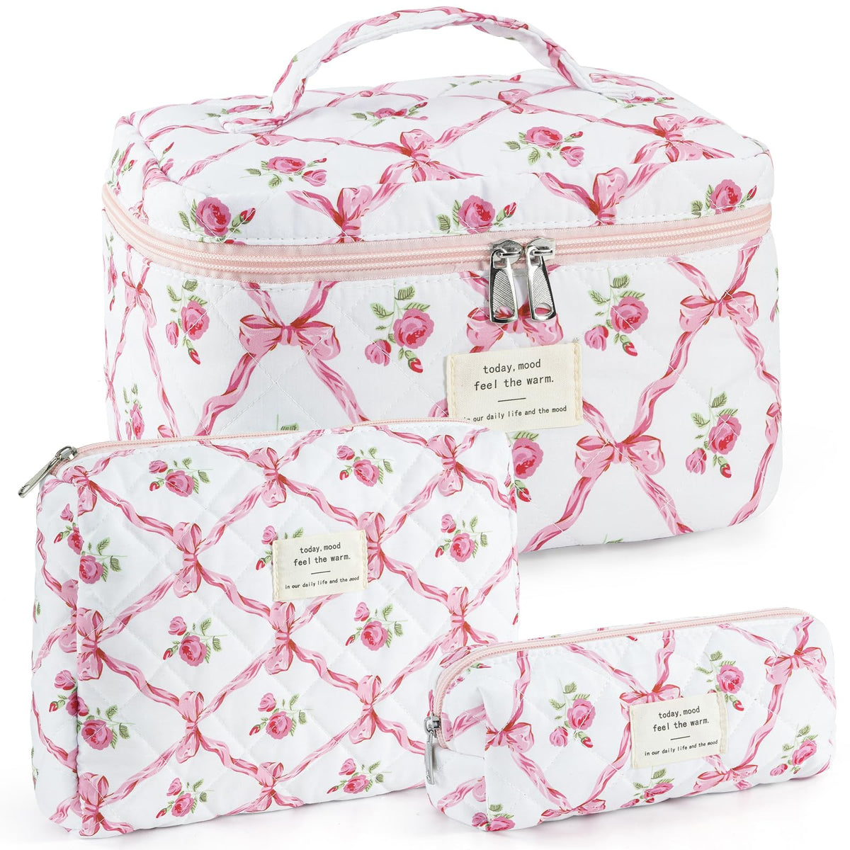 UYUUY Makeup Bag for Women 3PCS Quilted Cotton Make Up Bag Travel Cosmetic Bag Large Makeup Bag Set Cute Bow Makeup Bag Organizer Floral Toiletry Bag Makeup Pouch for Purse Pink