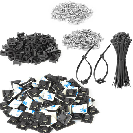 BethTie 700 Pcs Cable Management Kit - Black 8-Inch Cable Ties 3M Self-Adhesive Mounts Saddle Mounts Screws - Wire Organizer for Home Office Car Computer TV - Heavy Duty Easy Installation