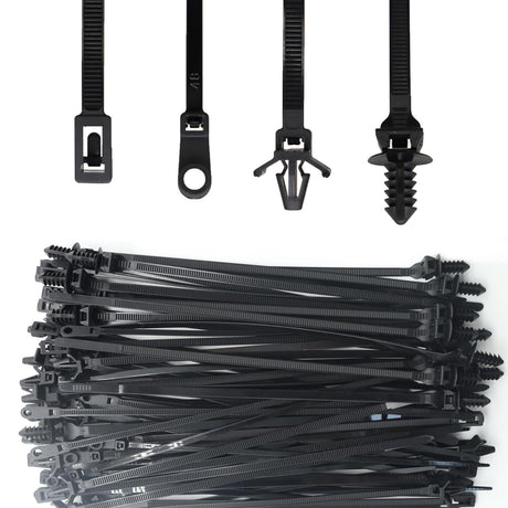 QYIMLI 100pcs Push Mount Cable Zip Tie Automotive Wire Ties with Anchors Self Locking Black Zip Ties (4 Styles)