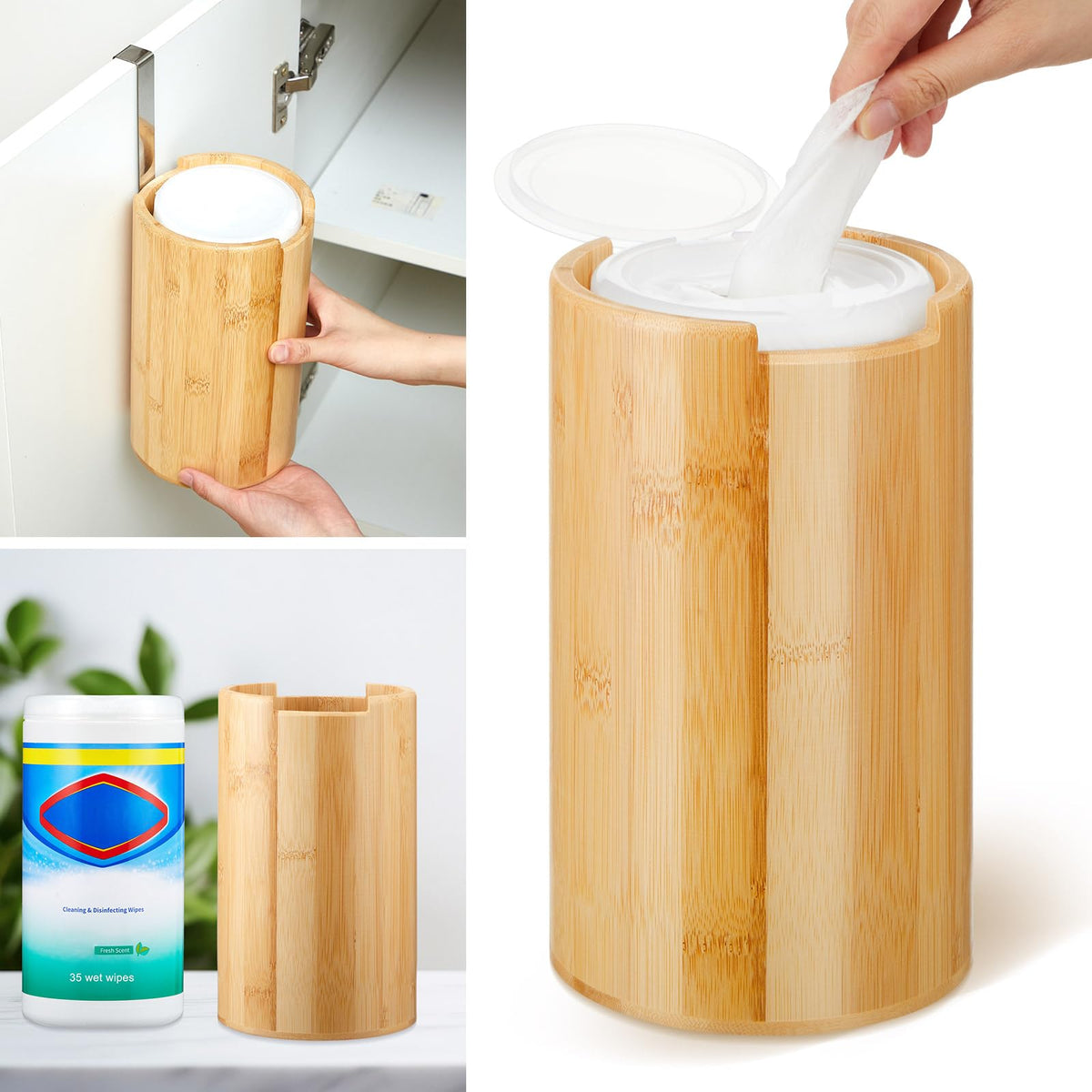 SiliFine Bamboo Wipes Dispenser Container Disinfectant Wipes Container Wall Mounted Disinfectant Wipes Holder Decorative Bamboo Kitchen Organizer for Bathroom Office Classroom Countertop Home