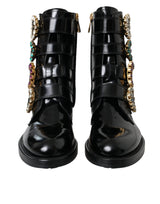 Dolce & Gabbana Black Leather Crystal Buckles Boots Shoes