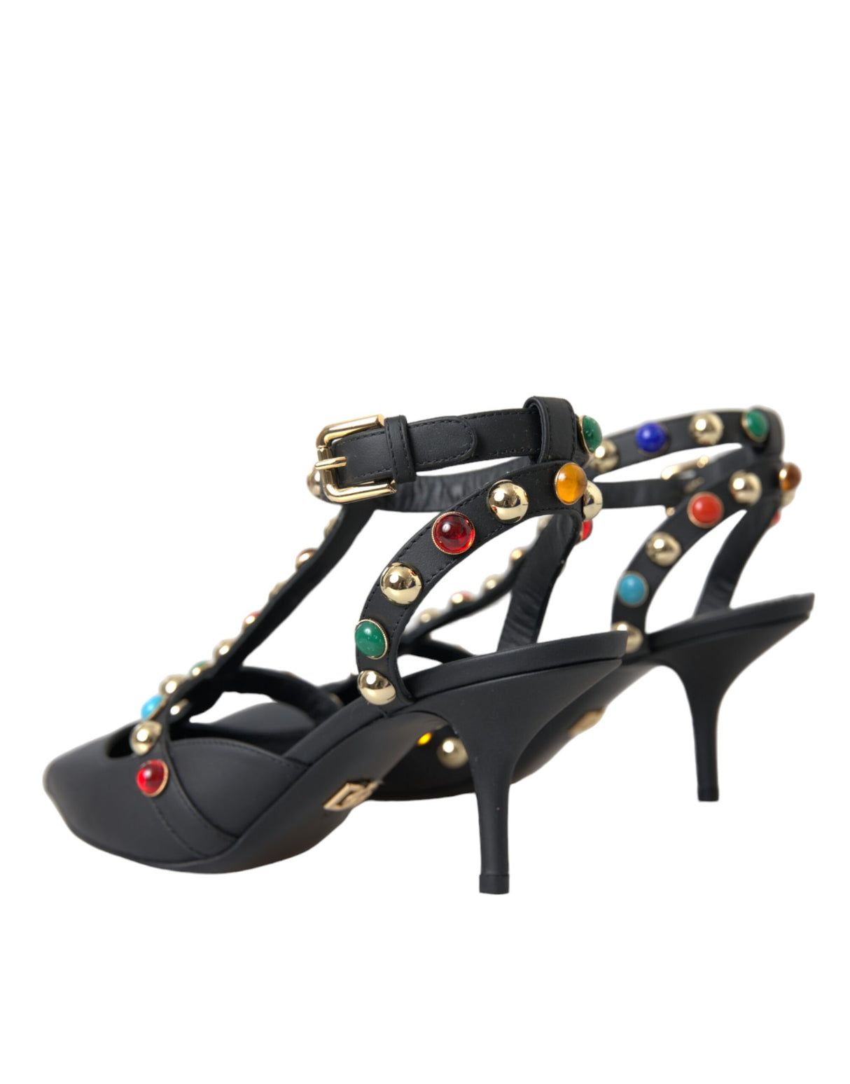 Dolce & Gabbana Black Leather Embellished Heels Sandal Shoes