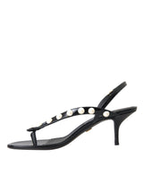 Dolce & Gabbana Black Leather Faux Pearl Heel Sandals Shoes