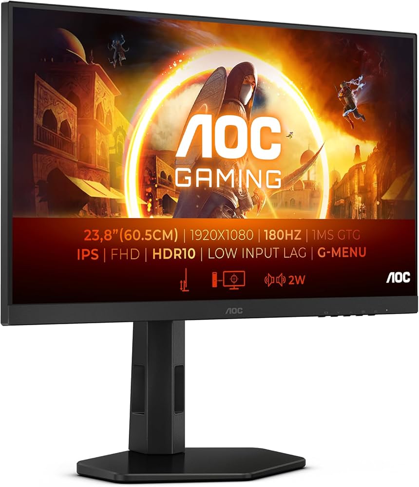 AOC MONITOR 23.8'', 24G4X, GAMING, E, IPS, SPEAKERS, 1920x1080, 80M:1, 1MS, 250 CD/M², TILT, HEIGHT ADJUSTABLE, SWIVEL, PIVOT, AMD FREESYNC-G-SYNC COMPATIBLE, 180 Hz, 2X HDMI, DISPLAY PORT, 3YW, BLACK