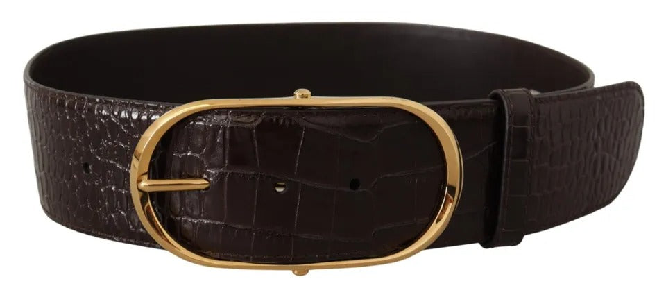 Dolce & Gabbana Brown Crocodile Pattern Leather Gold Oval Buckle Belt