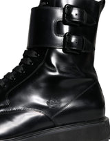 Dolce & Gabbana Black Leather Lace Up Men Mid Calf Boots Shoes