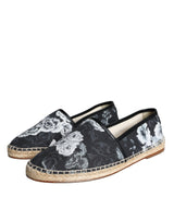 Dolce & Gabbana Black Floral Cotton Leather Espadrilles Shoes