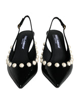 Dolce & Gabbana Black Leather Faux Pearl Heel Slingback Shoes