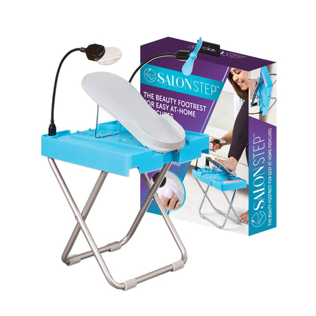 Salon Step The Beauty Footrest for Easy at-Home Pedicures Treat Your Feet No More Bending or Stretching with LED Magnifier Drying Fan Adjustable Foot Rest Non-Slip Sturdy Legs & Built-in Storage